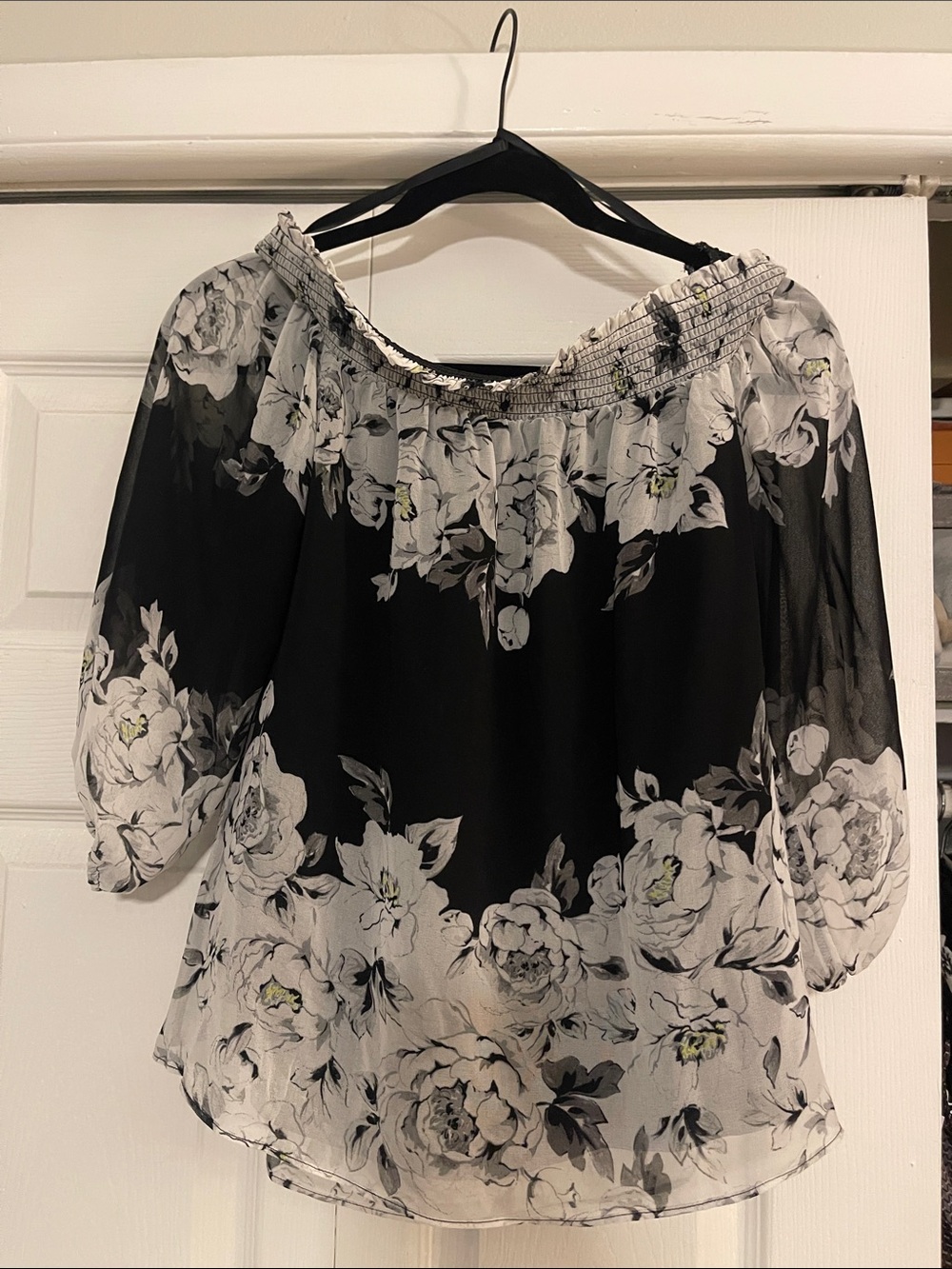 White House Black Market Black and White Floral Off-Shoulder Blouse